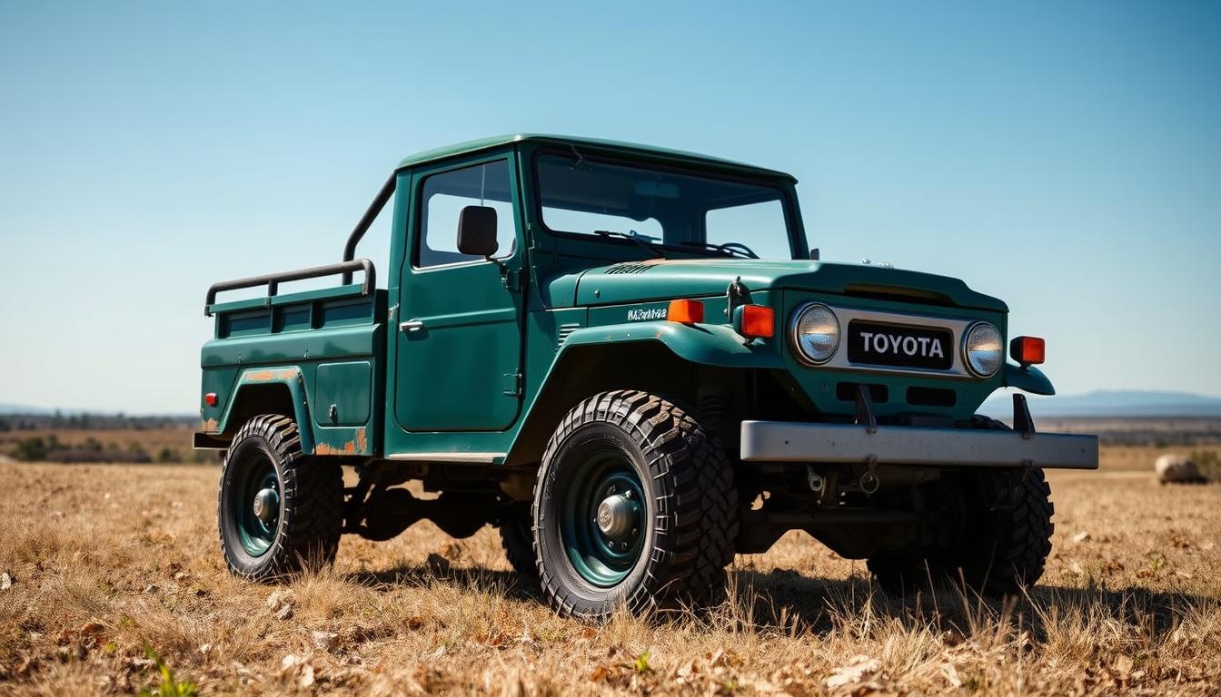 A rugged, vintage Toyota FJ45 Land Cruiser pickup stands in a sun-dappled field, its sturdy frame and boxy silhouette a testament to its hardy design. The deep green paint, weathered by time, glints with a hint of nostalgia. Chunky off-road tires grip the earth, ready to tackle any terrain. In the background, a hazy blue sky frames the scene, and the distant horizon suggests a world of adventure waiting to be explored. The overall impression is one of timeless reliability and the enduring appeal of this iconic Japanese automotive legend.