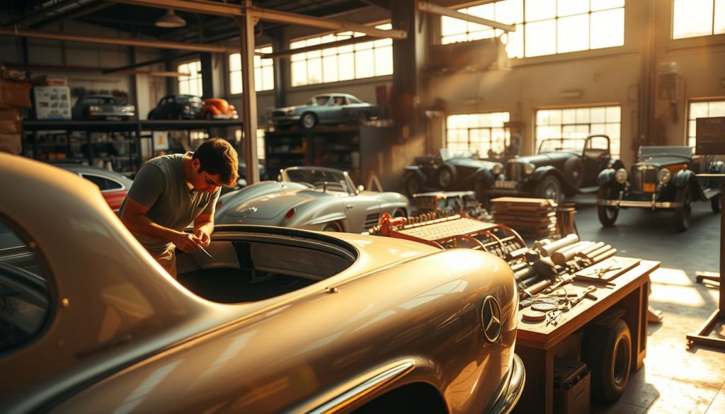 A sun-dappled workshop in Bangkok, where skilled craftsmen meticulously restore a vintage Mercedes-Benz. In the foreground, a gleaming body panel takes shape under the expert touch of a technician, their tools deftly navigating the curves and contours. In the middle ground, a collection of original Mercedes parts and tools are neatly organized, ready to be carefully integrated into the restoration process. The background reveals the workshop's vibrant atmosphere, with vintage automobiles and a mix of modern and antique equipment creating a captivating visual harmony. Soft, warm lighting cascades through the windows, casting a golden glow and evoking a sense of timeless craftsmanship.