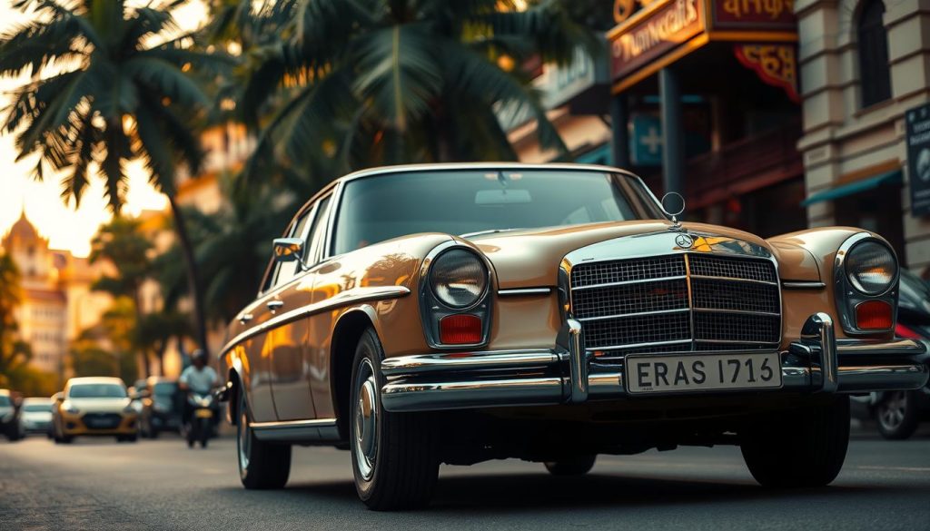 A vintage Mercedes-Benz sedan, in a warm, muted color palette, sits elegantly on a bustling street in Bangkok, Thailand. The car's chrome trim and round headlights gleam under the soft, golden light of the late afternoon sun. In the background, lush palm trees sway gently, and the vibrant colors of the city's traditional architecture provide a rich, textured backdrop. The scene evokes a sense of timeless sophistication, a testament to the enduring legacy of the Mercedes-Benz brand in Southeast Asia.
