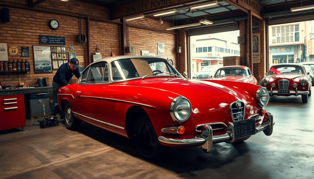 An expansive auto workshop in the heart of Bangkok, its worn brick walls and vintage signage evoking a bygone era. In the foreground, a classic Alfa Romeo in gleaming red, its chrome trim polished to a mirror shine as skilled mechanics carefully restore the engine. Soft, warm lighting illuminates the scene, casting gentle shadows and highlighting the car's elegant curves. In the middle ground, more vintage Alfas await their turn, each a testament to the owner's meticulous attention to detail. The background reveals the bustling streets of Bangkok, a vibrant city that serves as the backdrop for this passion project of preserving automotive history.