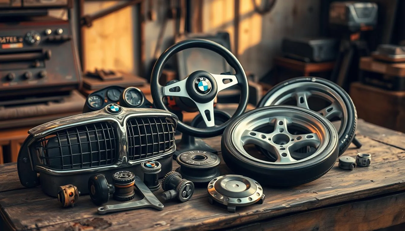 A meticulously curated collection of vintage BMW parts, artfully arranged on a weathered wooden table. The scene is bathed in warm, soft lighting, casting a nostalgic glow over the treasured components - a glistening chrome grille, a worn leather steering wheel, and a set of polished alloy wheels. In the background, a blend of industrial textures and delicate shadows creates a sense of timeless elegance, reflecting the essence of the "Premier BMW Restoration Services in Bangkok" and the "Art of Period-Correct Restorations". The composition evokes a tactile, hands-on experience, inviting the viewer to imagine the careful process of sourcing and assembling these rare, cherished BMW parts.